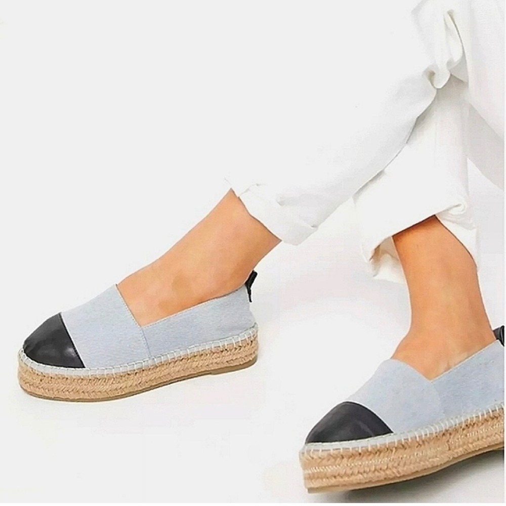 NWOT ASOS Blue Denim Black Cap Toe Espadrille Flat Shoes Women's Size 7